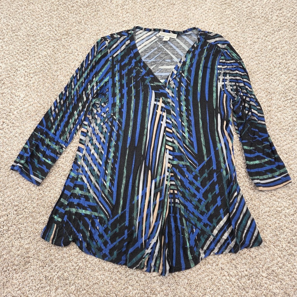 Dana Buchman Women Geometric 3/4 Sleeve V-Neck Stretch Blouse Top Blue Size PM
